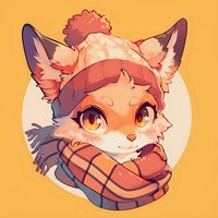 Cute cartoon fox character wearing winter knit hat and plaid scarf against orange background with moon, drawn in kawaii anime style for children illustration.
