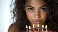 Young mixed-race woman with curly hair making wish blowing birthday candles on chocolate cake celebrating special occasion party moment.