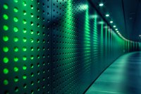 Modern server room corridor with glowing green LED lights on perforated metal walls creating futuristic perspective tunnel effect for technology and data center concepts.