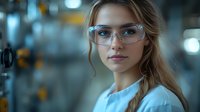 Young female scientist wearing protective eyewear in laboratory setting with blurred research equipment background, professional portrait with soft lighting and bokeh effect.