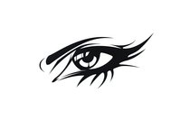 Stylized black eye with dramatic wing eyeliner and flowing lines in minimalist tribal tattoo style on white background, isolated design element for logos and art.