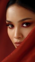 Close-up portrait of Asian woman with dramatic red eye makeup and glossy lips, partially covered by red fabric, on dark burgundy background. Professional beauty shot.
