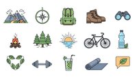Outdoor adventure and camping equipment icons set with mountains, compass, backpack, boots, binoculars, campfire, trees, sunrise, bicycle and gear.
