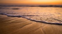Serene beach shoreline at golden hour with gentle waves washing onto sandy shore, perfect for travel and nature backgrounds.