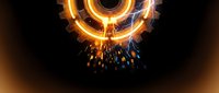 Futuristic glowing orange circular portal with sparks and energy effects on dark background for sci-fi and technology designs.