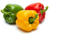 Fresh colorful bell peppers in green, yellow and red isolated on white background for healthy cooking and nutrition concepts.
