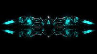 Futuristic cyan glowing mechanical structure with symmetrical design against black background, featuring intricate technological details and sharp angular forms.