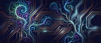 Glowing neon circuit board with organic neural network patterns, swirling energy flows, and luminescent pathways in cyan and purple tones on dark background for tech and AI concepts.