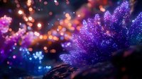 Sparkling purple crystal formation with magical bokeh lights and glowing particles creating dreamy fantasy atmosphere for mystical designs and backgrounds.