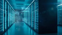 Modern data center server room with blue LED lighting and reflective floor creating futuristic technology atmosphere for cloud computing and digital infrastructure.