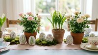 Spring Easter table decoration with potted flowers, painted eggs and moss centerpiece for holiday dining and home decor celebrations.