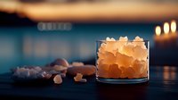 Glowing salt lamp crystals in glass container creating warm ambient atmosphere against blurred sunset background, mood lighting for spa and wellness spaces.