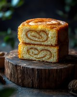 Golden cinnamon swirl cake slices stacked on rustic wooden board with nuts, homemade bakery dessert for cafes and food blogs.