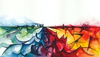 Abstract watercolor composition with flowing geometric shapes transitioning from cool blue-green tones to warm red-orange hues with dynamic black line work.