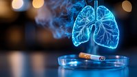 Glowing blue hologram of human lungs floating above burning cigarette in ashtray illustrates smoking health risks and medical visualization concept.