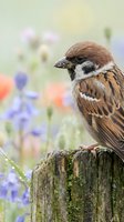 Small brown and white sparrow perched on weathered wooden post with soft-focus wildflower meadow background, featuring purple and orange blooms for nature and wildlife photography.