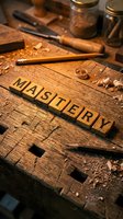 Word mastery spelled with wooden letter blocks on a rustic carpenter workbench surrounded by wood shavings and craft tools.