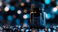 Dark glass bottle with glowing blue molecular structure inside against blurred bokeh background, science concept for pharmaceutical and chemical research.