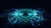 Futuristic digital gear mechanism with glowing cyan holographic interface and data particles on dark technology background for sci-fi designs.