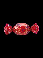 Red wrapped candy with colorful swirl and star patterns, isolated on transparent background. Ready for clipart, stickers, print-on-demand designs, sublimation, and t-shirt graphics.