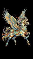 Ornate winged horse with elaborate decorative armor and flowing mane, isolated on transparent background. Ready for t-shirts, stickers, clipart, and print-on-demand designs.