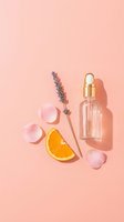 Natural skincare serum bottle with dropper, orange slice, lavender sprig and rose quartz crystals on soft pink background for beauty and wellness branding.