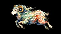 Colorful ornate ram leaping with flowing swirl patterns in watercolor style, isolated on transparent background, great for stickers, t-shirt design, and print on demand.