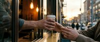 One person handing a takeaway coffee cup to another person through a window, urban street setting with blurred city lights and buildings in background.