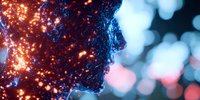 Glowing digital silhouette of human face with luminous particles against blurred bokeh background, representing artificial intelligence and digital transformation.