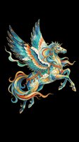 Ornate winged horse in teal, gold, and red tones, isolated on transparent background. Ready for stickers, t-shirt design, print on demand, and sublimation.