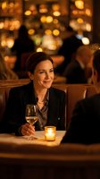 Professional businesswoman enjoying white wine at upscale restaurant with warm ambient lighting and bokeh background for dining and hospitality concepts.