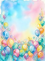 Watercolor balloons frame with colorful party decorations on gradient background for celebrations, birthdays, and festive events with copy space.