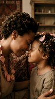 Mother and young daughter with curly hair sharing an affectionate moment indoors, foreheads touching in a tender embrace. Warm home setting with shelving and decorative textiles visible in background. Suitable for family, parenting, and lifestyle content.