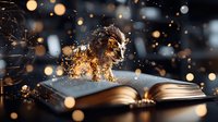 Magical lion figure emerging from open book pages with glowing bokeh lights and sparkles creating mystical storytelling atmosphere for fantasy concepts.