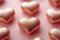 Rose gold glittery hearts on pink background with soft focus and bokeh effect create romantic festive mood for Valentine's day cards and love concepts.