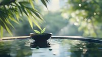 Serene zen garden setting with black ceramic bowl floating on reflective water surface, green bamboo leaves creating natural bokeh background.