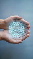 Male hands holding glowing holographic sphere with noise reduction matrix technology symbol against blue background for digital innovation and tech solutions.