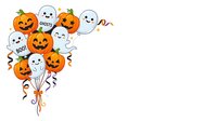 Festive Halloween balloon bunch with carved pumpkins, friendly ghosts, and confetti on transparent background, ready for greeting cards and seasonal designs.