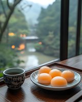 Traditional Japanese sweets and tea served on wooden tray by window overlooking serene garden with warm lighting creating peaceful afternoon atmosphere.