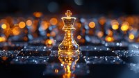 Glass chess king piece illuminated by warm golden light against dark background with bokeh effects, reflecting on wet surface. Strategic leadership concept.