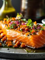 Fresh salmon tartare with diced raw fish, microgreens, and pumpkin seeds served on gray ceramic plate in olive oil dressing, close up food photography.
