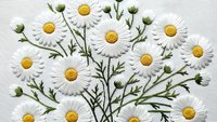 White daisy flowers with yellow centers and green stems arranged in botanical pattern on light background for spring design projects.