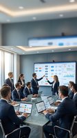 Business team meeting in modern conference room with data presentation on large screen and laptops showing analytics charts and graphs.