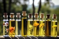 Collection of herbal oil bottles with cork stoppers containing various plant extracts and infusions for natural wellness and aromatherapy applications.