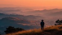 Silhouette of hiker standing on mountain ridge overlooking layered hills at golden hour sunrise with warm orange sky and misty valleys below.