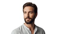 Handsome bearded man in white shirt smiling confidently on transparent background, isolated portrait for business and lifestyle design projects.