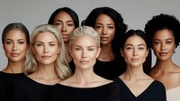 Diverse group of women with different skin tones and features wearing black tops against neutral background, representing beauty and inclusivity in cosmetics and fashion.