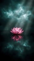 Pink lotus flower floating on dark water with dramatic cloudy sky reflection creating serene spiritual meditation atmosphere for wellness and mindfulness concepts.