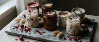 Assorted scented candles in glass jars arranged on marble tray with dried flowers and botanicals, perfect for home decor and wellness styling.