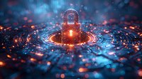 Digital padlock symbol glowing in orange and blue cyber environment with circuit patterns and light effects, representing network security and data protection.